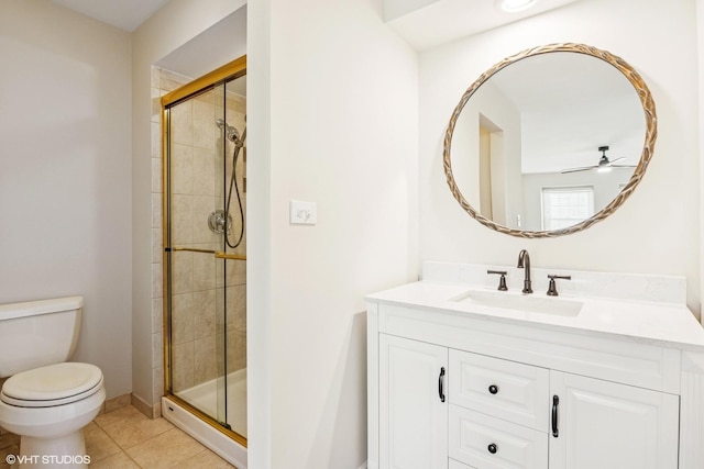 2028 Creekside Dr, Wheaton, IL 60189 - bathroom with toilet, a ceiling fan, a shower stall, tile patterned floors, and vanity