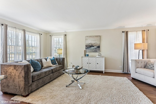 2028 Creekside Dr, Wheaton, IL 60189 - living room featuring crown molding, dark wood-style flooring, and baseboards