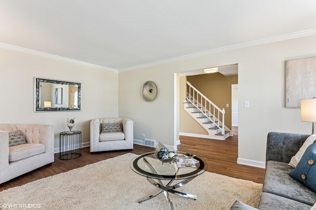 2028 Creekside Dr, Wheaton, IL 60189 - living area featuring stairway, ornamental molding, wood finished floors, and baseboards