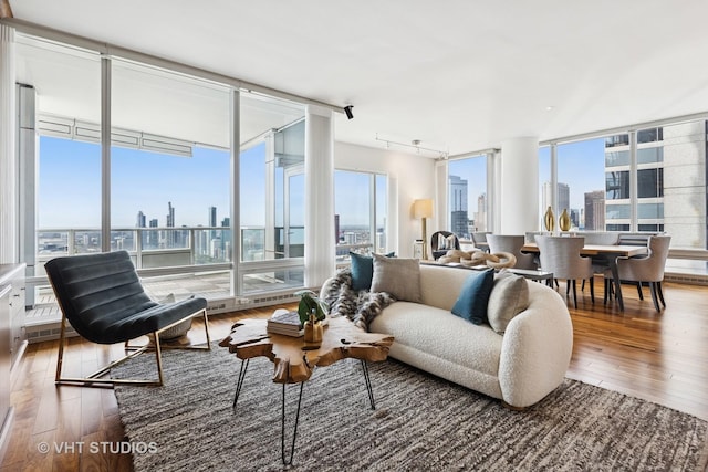 340 E Randolph St Unit 4806, Chicago, IL 60601 - living area featuring a view of skyline, plenty of natural light, hardwood / wood-style flooring, expansive windows, and track lighting