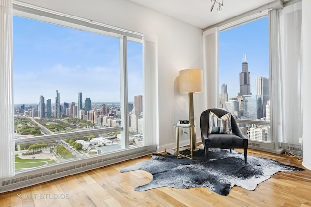 340 E Randolph St Unit 4806, Chicago, IL 60601 - living area with a skyline view, wood finished floors, and a baseboard radiator