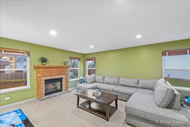 553 S Haverhill Ln, South Elgin, IL 60177 - carpeted living room with a fireplace, recessed lighting, and baseboards