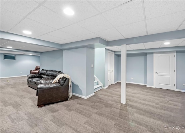 553 S Haverhill Ln, South Elgin, IL 60177 - finished below grade area featuring carpet floors, a drop ceiling, stairs, baseboards, and recessed lighting