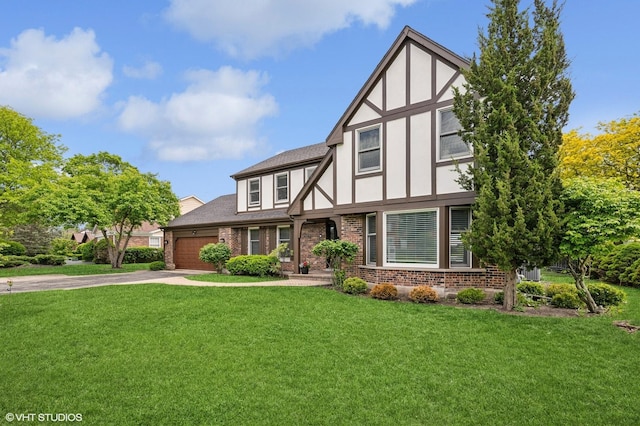 4141 Rutgers Ln, Northbrook, IL 60062 - tudor home with brick siding, concrete driveway, a front lawn, a garage, and roof with shingles