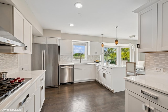 4141 Rutgers Ln, Northbrook, IL 60062 - kitchen featuring appliances with stainless steel finishes, decorative backsplash, a sink, wall chimney range hood, and recessed lighting