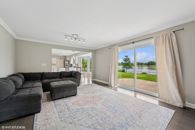4141 Rutgers Ln, Northbrook, IL 60062 - living area with a water view, ornamental molding, dark wood finished floors, and baseboards