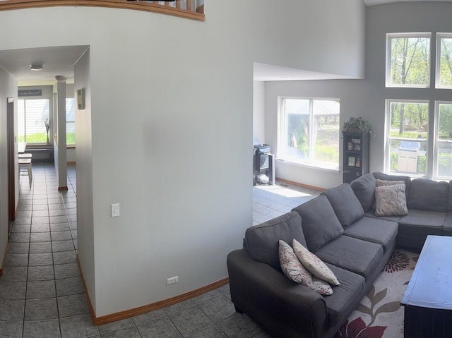 569 Arbor Ln, South Elgin, IL 60177 - living room with plenty of natural light, tile patterned floors, baseboards, and a high ceiling