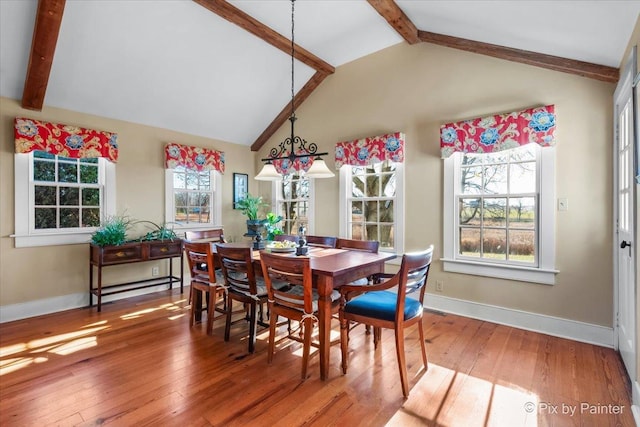 3N369 Lafox Rd, Saint Charles, IL 60175 - dining area featuring beamed ceiling, wood-type flooring, baseboards, and high vaulted ceiling