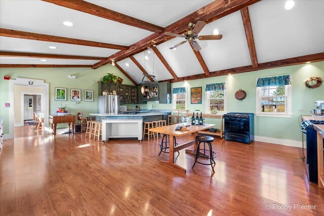3N369 Lafox Rd, Saint Charles, IL 60175 - dining area featuring baseboards, beamed ceiling, a ceiling fan, recessed lighting, and wood finished floors