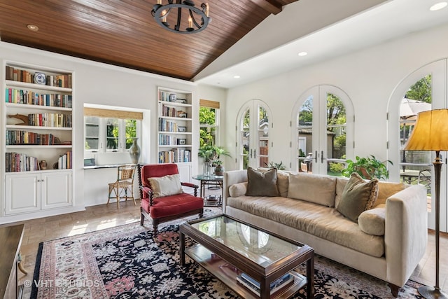 2037 Highland Ave, Wilmette, IL 60091 - living area featuring built in features, healthy amount of natural light, vaulted ceiling, recessed lighting, and wood ceiling