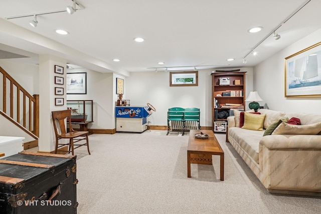 2037 Highland Ave, Wilmette, IL 60091 - carpeted living room with track lighting, recessed lighting, stairs, and baseboards