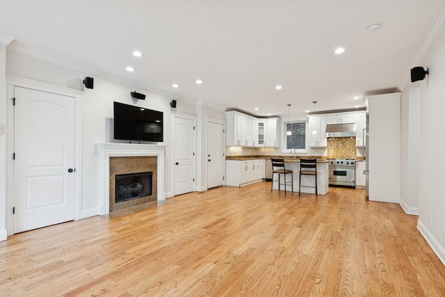 2501 N Sheffield Ave Unit 2S, Chicago, IL 60614 - unfurnished living room with light wood-type flooring, crown molding, a fireplace, recessed lighting, and baseboards