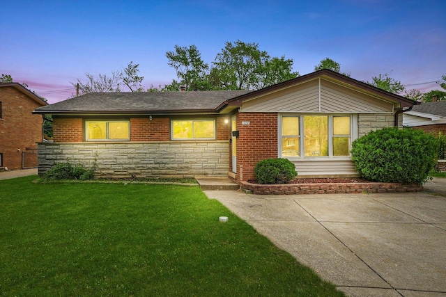 15245 Millard Ave, Midlothian, IL 60445 - ranch-style home with stone siding, a lawn, and roof with shingles