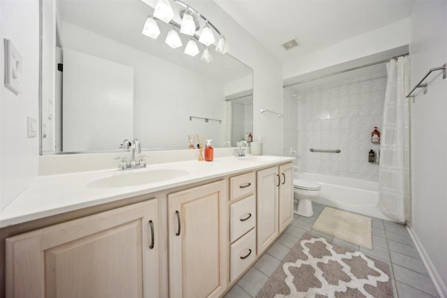 9013 Charing Cross Rd, Woodridge, IL 60517 - bathroom featuring tile patterned flooring, double vanity, toilet, and shower / bath combo with shower curtain