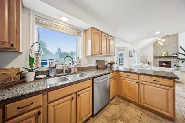 9013 Charing Cross Rd, Woodridge, IL 60517 - kitchen with dishwasher, a sink, a peninsula, vaulted ceiling, and dark stone counters