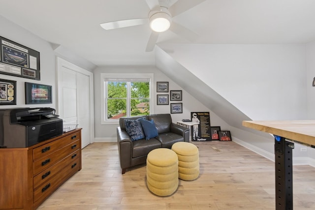340 S Grant St, Westmont, IL 60559 - living area with light wood-style floors, baseboards, ceiling fan, and vaulted ceiling