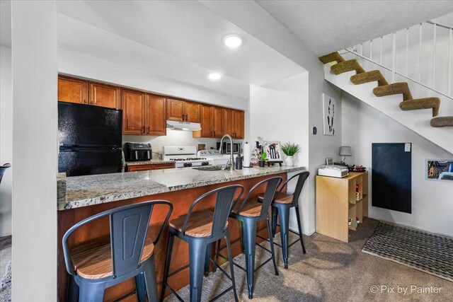 1565 Cornell Pl, Hoffman Estates, IL 60169 - kitchen with freestanding refrigerator, under cabinet range hood, white gas stove, a sink, and dark carpet