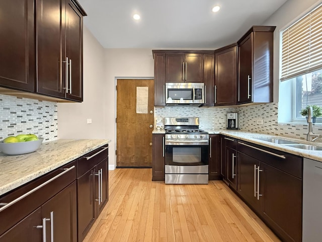 1325 W Addison St Unit 1A, Chicago, IL 60613 - kitchen featuring appliances with stainless steel finishes, a sink, decorative backsplash, dark brown cabinetry, and recessed lighting