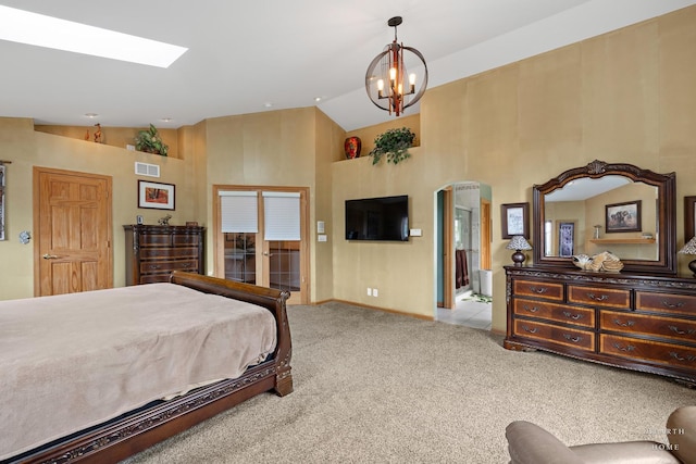 5008 Country Springs Dr, Johnsburg, IL 60051 - carpeted bedroom featuring high vaulted ceiling, arched walkways, and a chandelier