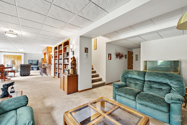 5008 Country Springs Dr, Johnsburg, IL 60051 - carpeted living room with a paneled ceiling and stairway