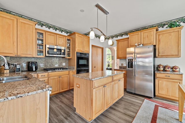 5008 Country Springs Dr, Johnsburg, IL 60051 - kitchen with appliances with stainless steel finishes, wood finished floors, a kitchen island, tasteful backsplash, and glass insert cabinets