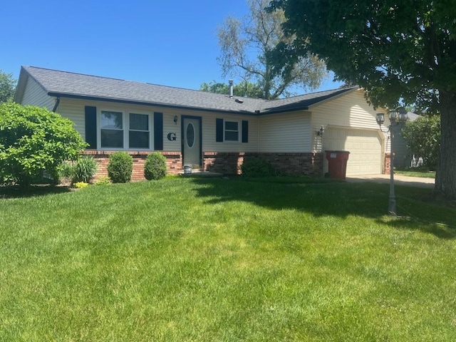 2702 Worcester Dr, Champaign, IL 61821 - ranch-style home with a garage, brick siding, a front lawn, a shingled roof, and driveway