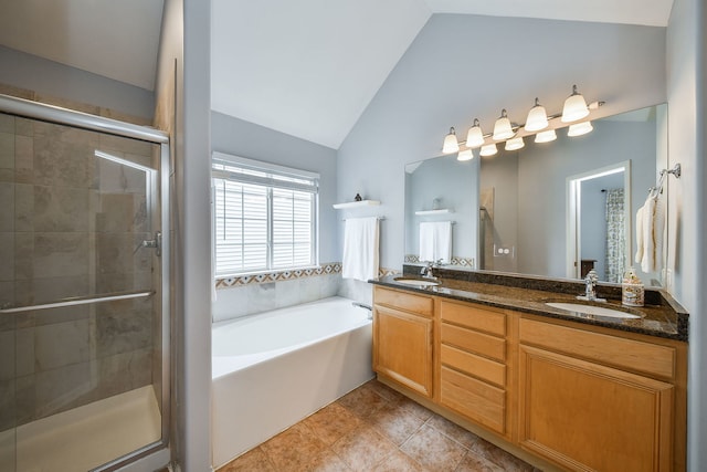 1817 2nd Pl, Saint Charles, IL 60174 - full bathroom with vaulted ceiling, a garden tub, double vanity, a stall shower, and tile patterned flooring