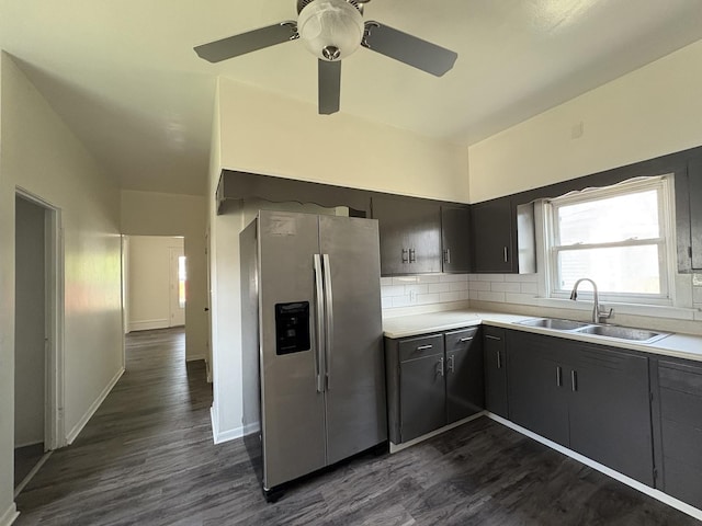 908 N Park St, Streator, IL 61364 - kitchen featuring stainless steel refrigerator with ice dispenser, a sink, dark wood finished floors, and backsplash