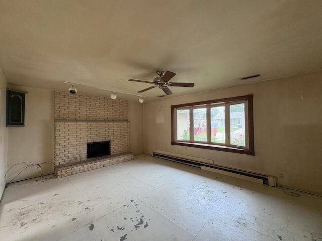 1515 Johnson St, Ottawa, IL 61350 - unfurnished living room with a baseboard heating unit, a ceiling fan, and a brick fireplace