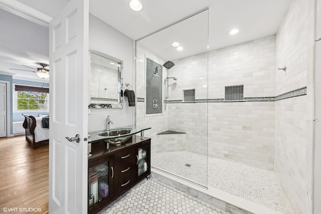 427 Dorset Pl, Glen Ellyn, IL 60137 - ensuite bathroom with a walk in shower, vanity, ceiling fan, recessed lighting, and wood finished floors