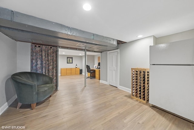 427 Dorset Pl, Glen Ellyn, IL 60137 - finished below grade area with freestanding refrigerator, wood finished floors, baseboards, and recessed lighting