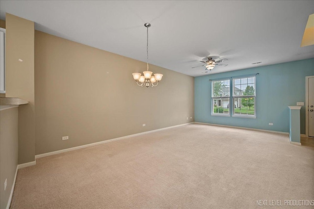 1218 Mariemont Rd Unit C, Sugar Grove, IL 60554 - unfurnished living room with a chandelier, light colored carpet, baseboards, and a ceiling fan