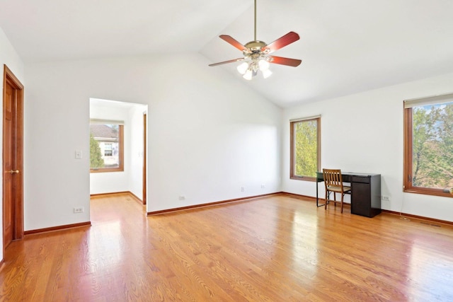1337 E Thacker St, Schaumburg, IL 60173 - spare room with a ceiling fan, light wood-style floors, high vaulted ceiling, and baseboards