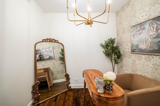2512 N Marshfield Ave, Chicago, IL 60614 - sitting room with wood finished floors, a chandelier, wallpapered walls, and baseboards