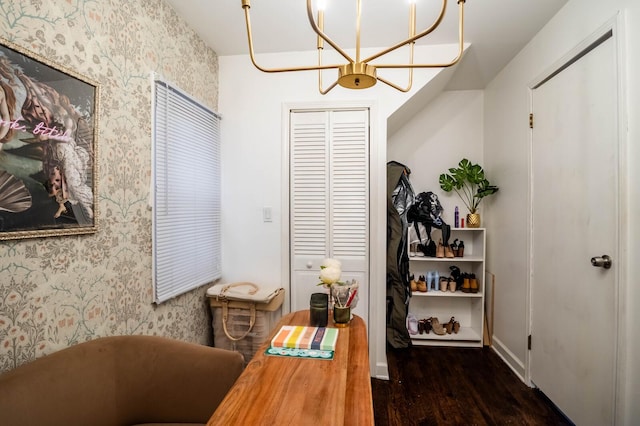 2512 N Marshfield Ave, Chicago, IL 60614 - office area with wallpapered walls, wood finished floors, and a chandelier