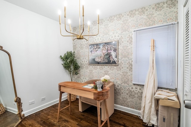 2512 N Marshfield Ave, Chicago, IL 60614 - office area featuring wallpapered walls, a chandelier, wood finished floors, and baseboards