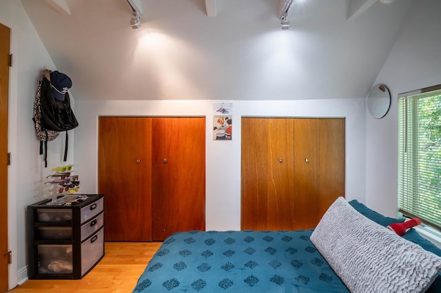 2512 N Marshfield Ave, Chicago, IL 60614 - bedroom featuring track lighting, wood finished floors, lofted ceiling, and two closets
