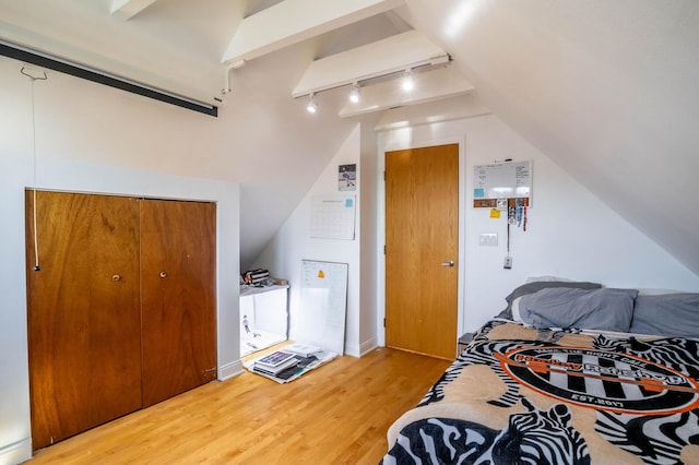 2512 N Marshfield Ave, Chicago, IL 60614 - bedroom featuring track lighting, wood finished floors, vaulted ceiling, and a closet
