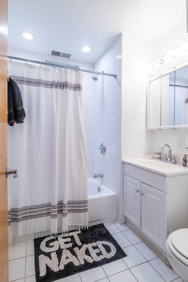 2512 N Marshfield Ave, Chicago, IL 60614 - bathroom with vanity, toilet, shower / tub combo with curtain, tile patterned floors, and recessed lighting