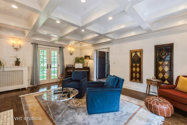 723 Gardner Rd, Flossmoor, IL 60422 - living area featuring wood-type flooring, french doors, beam ceiling, coffered ceiling, and crown molding
