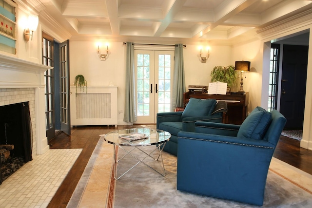 723 Gardner Rd, Flossmoor, IL 60422 - living room featuring french doors, a fireplace, beamed ceiling, coffered ceiling, and ornamental molding