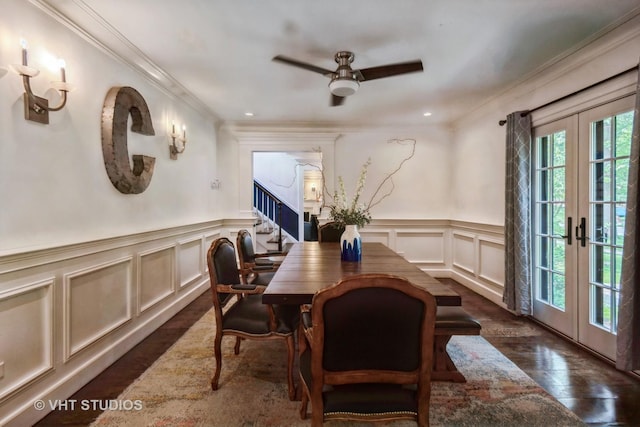 723 Gardner Rd, Flossmoor, IL 60422 - dining space featuring a decorative wall, french doors, ceiling fan, dark wood finished floors, and crown molding