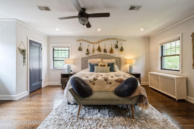 723 Gardner Rd, Flossmoor, IL 60422 - bedroom with radiator heating unit, multiple windows, ornamental molding, wood finished floors, and recessed lighting