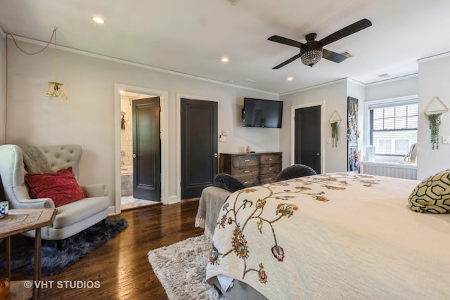 723 Gardner Rd, Flossmoor, IL 60422 - bedroom with ornamental molding, wood finished floors, recessed lighting, ensuite bathroom, and a ceiling fan