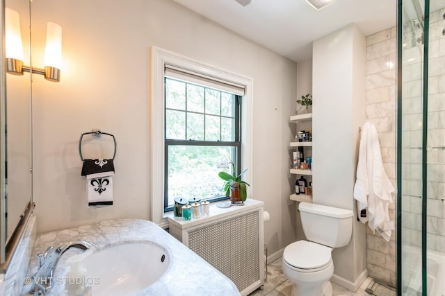 723 Gardner Rd, Flossmoor, IL 60422 - bathroom featuring radiator heating unit, vanity, and a tile shower