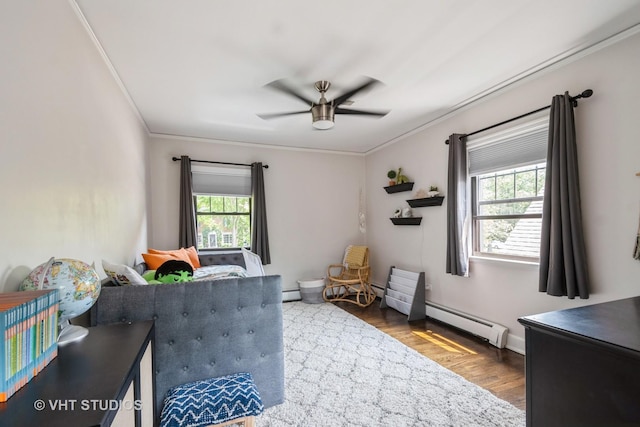 723 Gardner Rd, Flossmoor, IL 60422 - bedroom featuring multiple windows, wood finished floors, crown molding, baseboard heating, and a ceiling fan