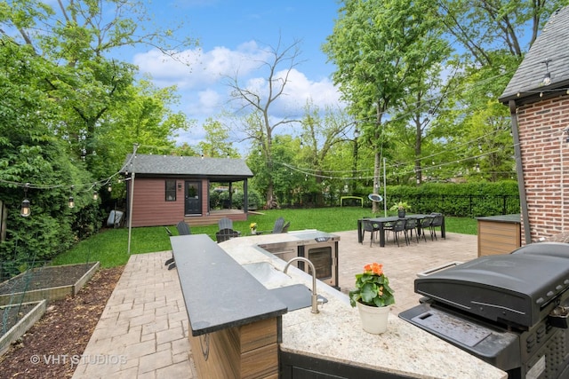 723 Gardner Rd, Flossmoor, IL 60422 - view of patio / terrace featuring outdoor dining space, grilling area, wine cooler, an outdoor structure, and a vegetable garden