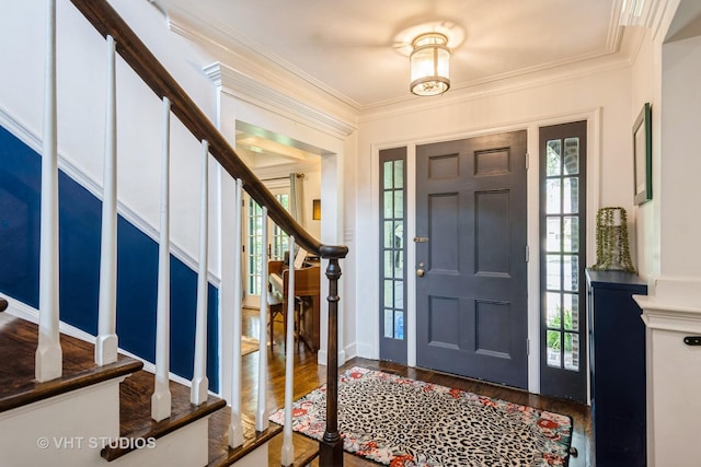 723 Gardner Rd, Flossmoor, IL 60422 - entrance foyer featuring stairway, ornamental molding, and wood finished floors