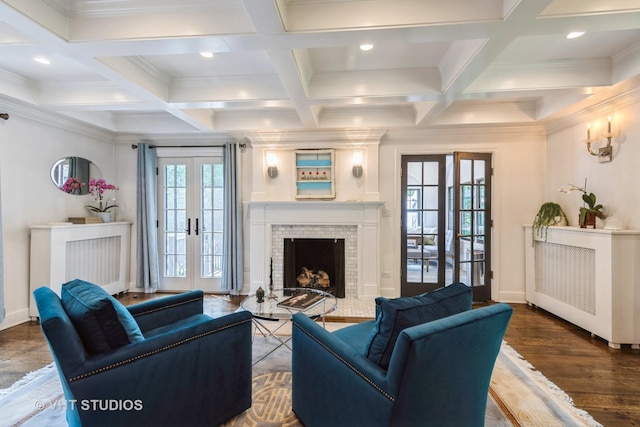 723 Gardner Rd, Flossmoor, IL 60422 - living room with a fireplace, french doors, ornamental molding, coffered ceiling, and wood finished floors