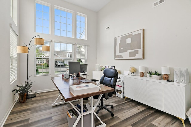 315 Maryland Ln, Pingree Grove, IL 60140 - office featuring dark wood-style flooring, baseboards, and a towering ceiling